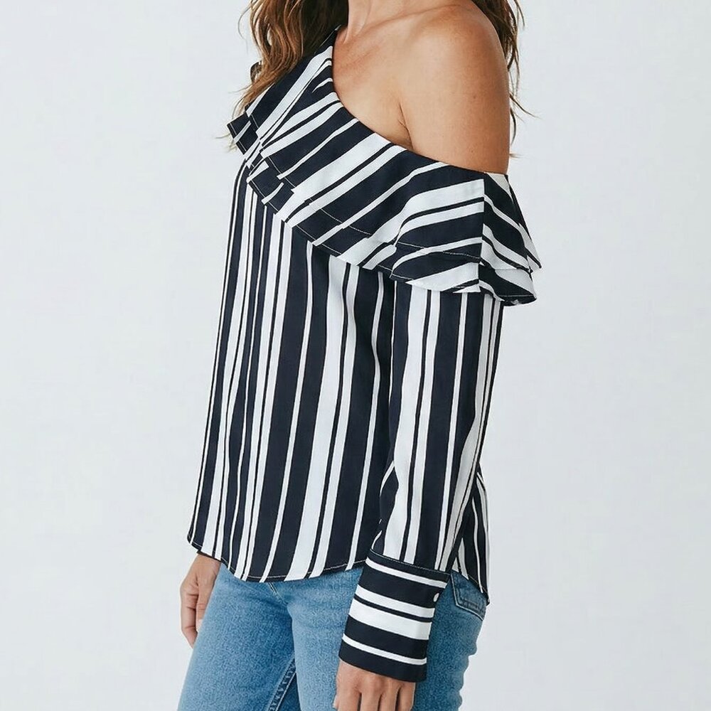 Banana Republic One Shoulder Ruffle Blouse Navy White Stripe Nautical Top Size S